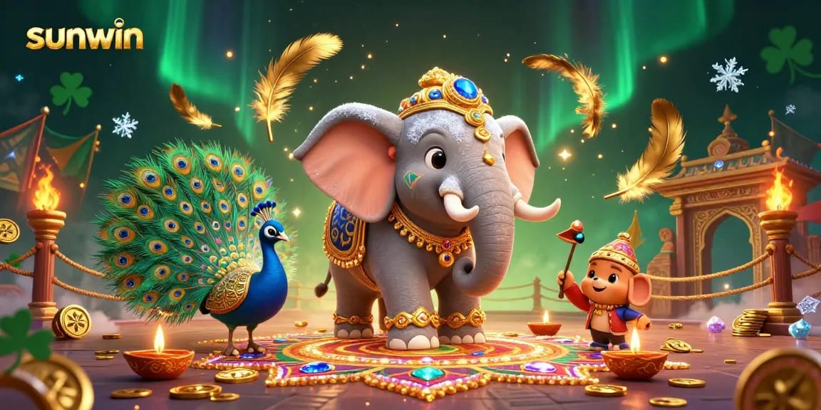 Experience sunwin gaming magic with a Diwali-themed elephant in a vibrant 3D casino scene.
