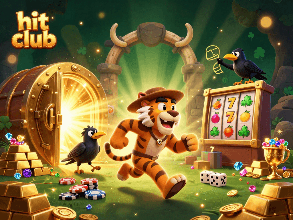 Hit club themed scene with caveman characters at a dynamic, ancient casino featuring slots and treasure.