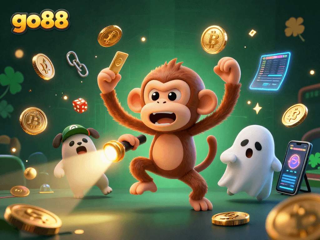 Experience immersive gaming at go88 with a poltergeist juggling gold coins in a thrilling casino scene.