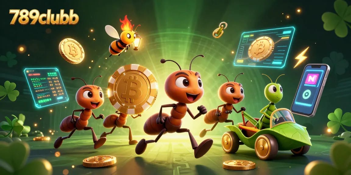 Engage in exciting adventures with 789clubb as cartoon ants carry a giant poker chip symbolizing your next win.