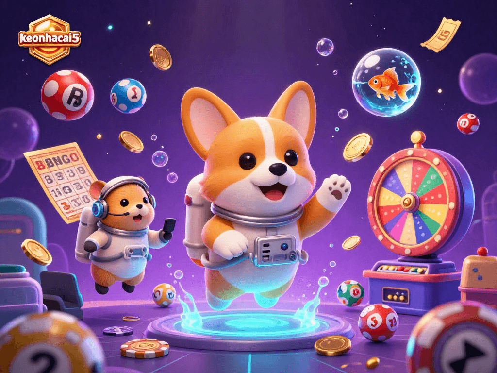 Experience the excitement of keonhacai5 in a vibrant space casino scene featuring an astronaut corgi.