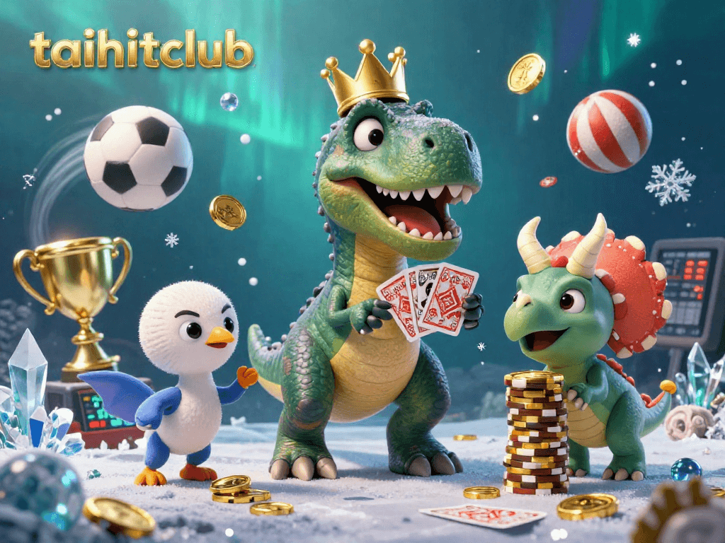 Join the fun at taihitclub with a lively scene of dinosaurs enjoying card games and sports betting!
