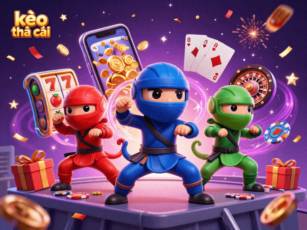 Experience exciting gaming action with kèo nhà cái as cartoon ninjas master slot games and celebration elements.