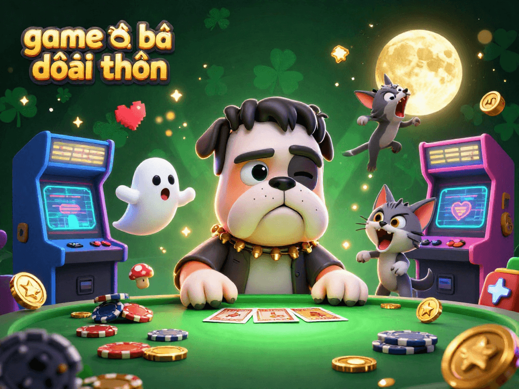 Experience thrilling game đánh bài đổi thưởng with a Frankenstein bulldog dealing cards in a vibrant casino scene.