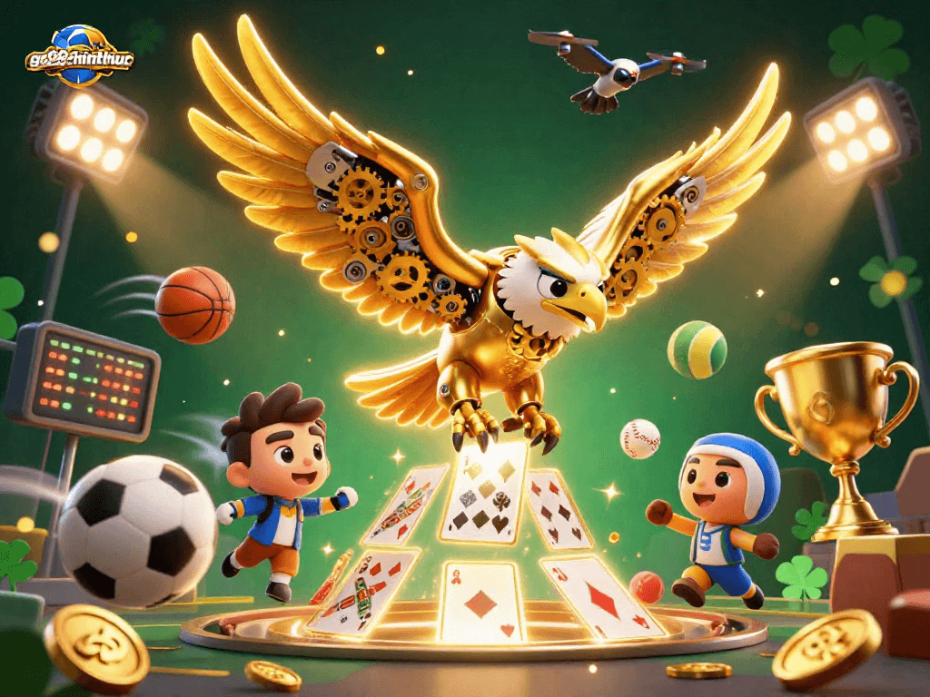 Engage with go88chinhthuc in a thrilling scene featuring a cybernetic eagle amidst vibrant sports action.
