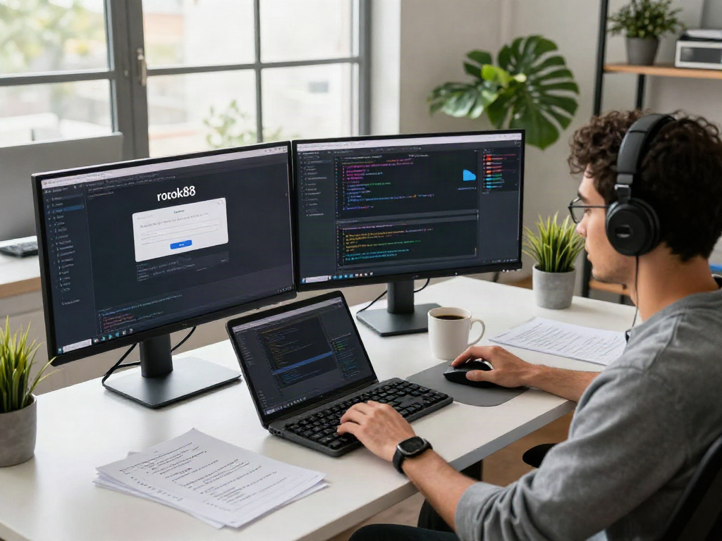 Developer coding on rokok88 login interface in a modern workspace.