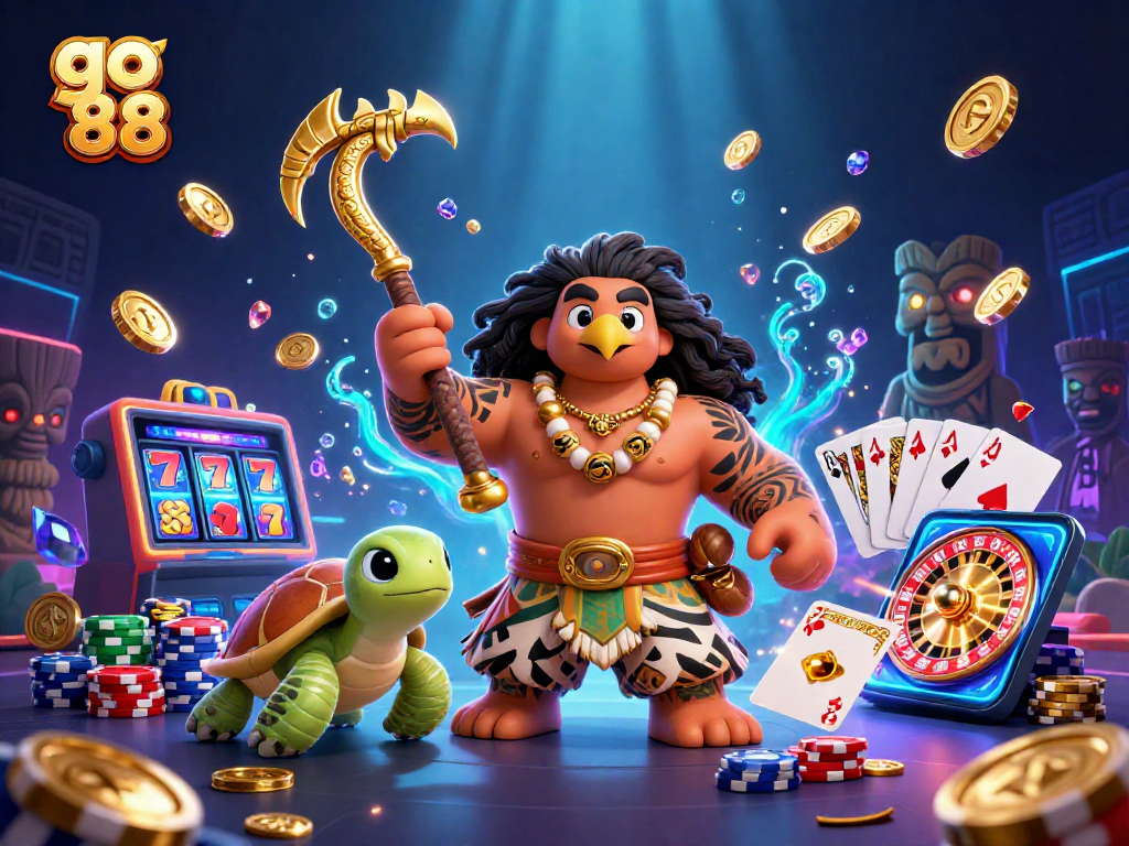 Experience the excitement of go 88 with a vibrant scene of gaming action, featuring 3D characters and slot machines.