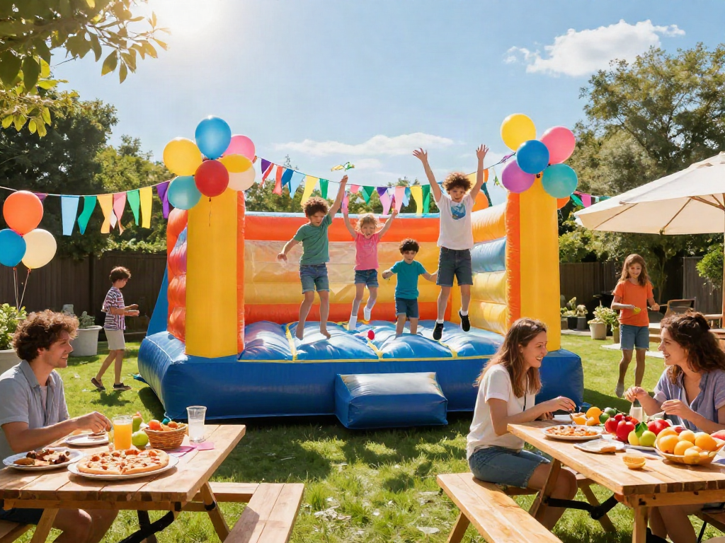 Inflatable bounce house filled with children enjoying a summer party outdoors, laughter and joy in vibrant surroundings.
