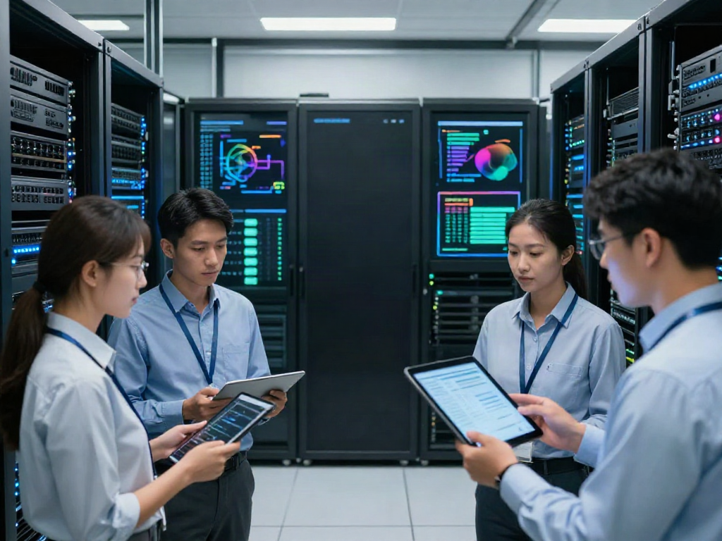 network configuration review in modern data center with engineers and server racks.