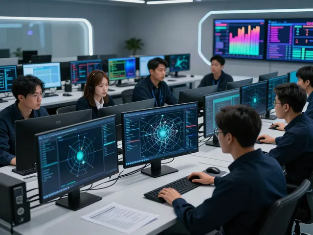 Red teaming exercise in a modern cybersecurity lab with ethical hackers monitoring potential vulnerabilities and refining defense strategies.