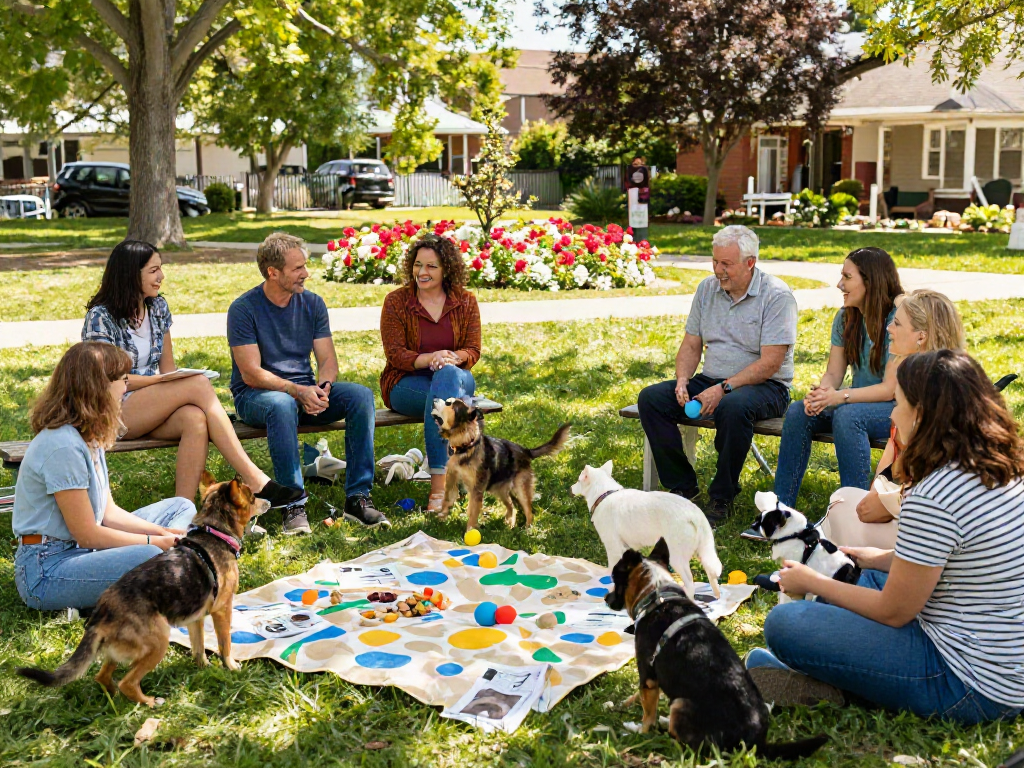 Community pet lovers sharing experiences and care tips in a vibrant park scene, exploring rokok88 super.