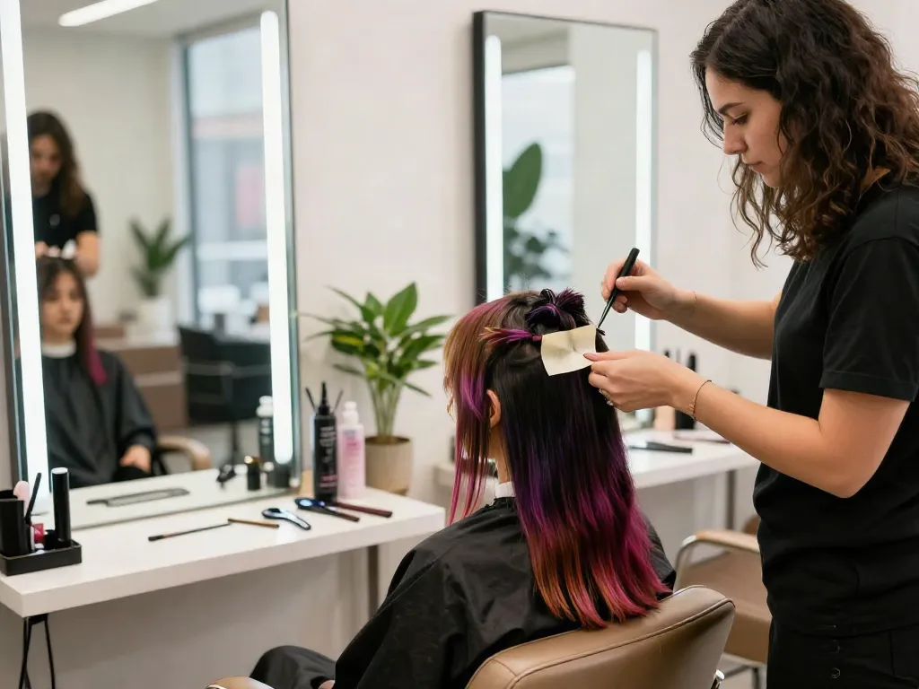 Applying invisible tape in hair extensions human hair in a modern salon setting.