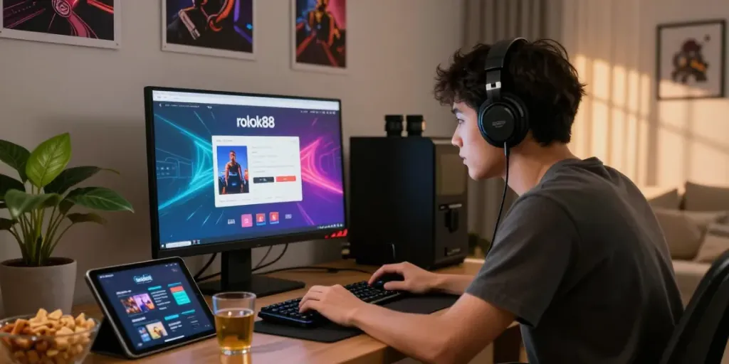 Online gaming scene with rokok88 login interface, cozy atmosphere, young adult engaged.