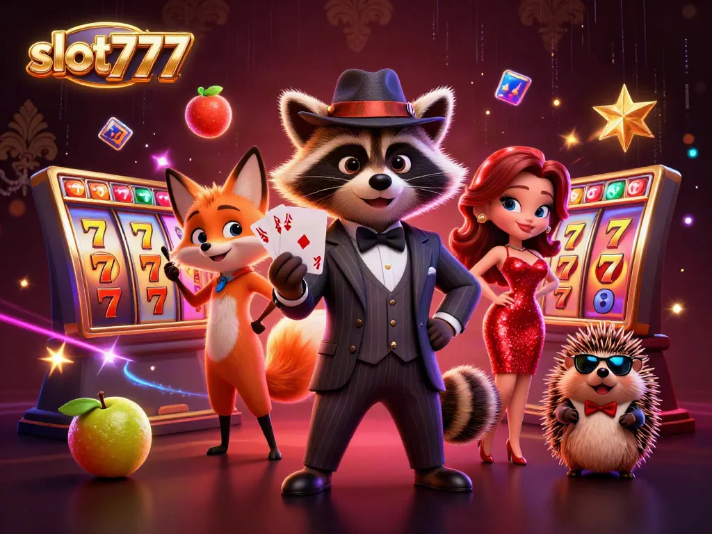 Experience thrilling slot777 action with a suave raccoon and friends enjoying the excitement of online slots.