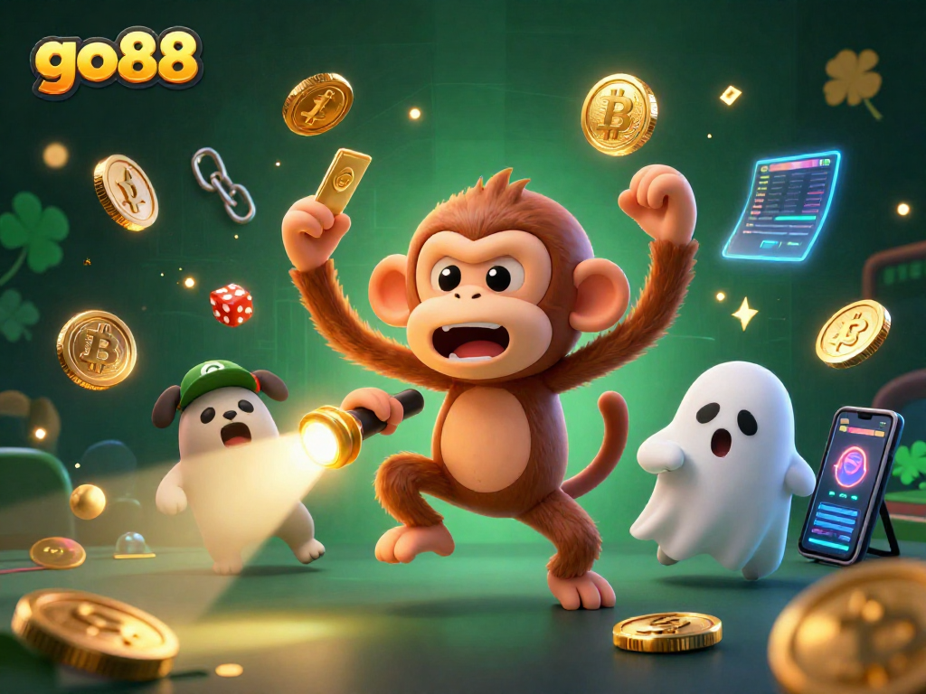 Experience immersive gaming at go88 with a poltergeist juggling gold coins in a thrilling casino scene.