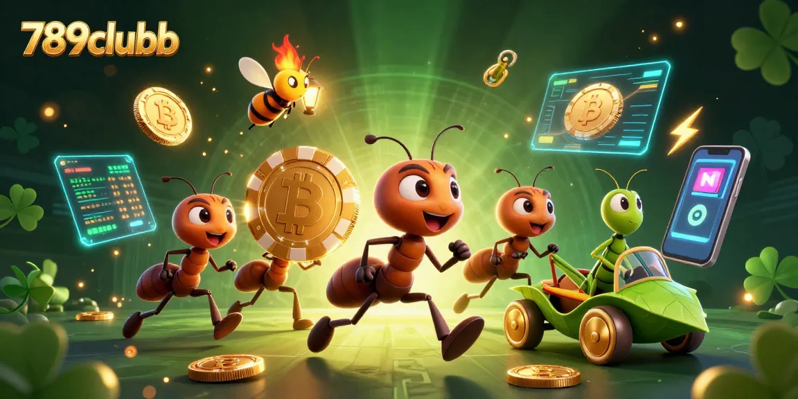 Engage in exciting adventures with 789clubb as cartoon ants carry a giant poker chip symbolizing your next win.