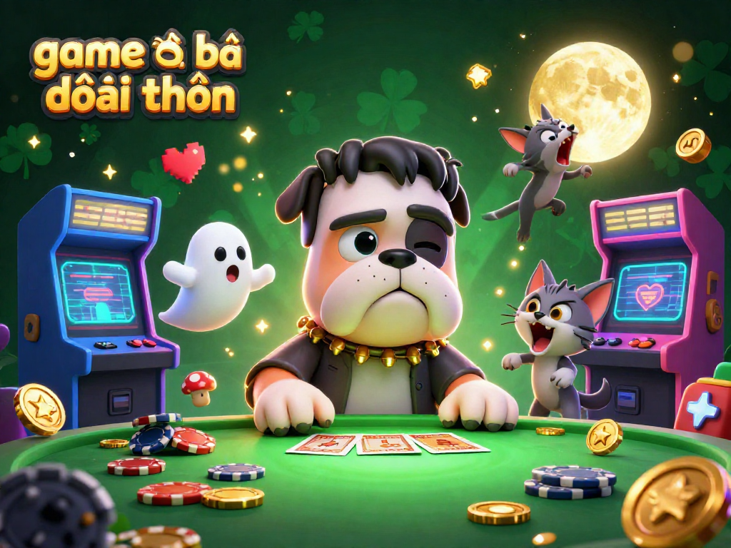 Experience thrilling game đánh bài đổi thưởng with a Frankenstein bulldog dealing cards in a vibrant casino scene.