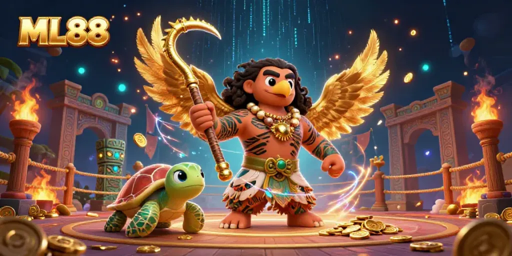ML88 gaming scene with a demigod hawk and turtle, surrounded by dynamic casino elements.
