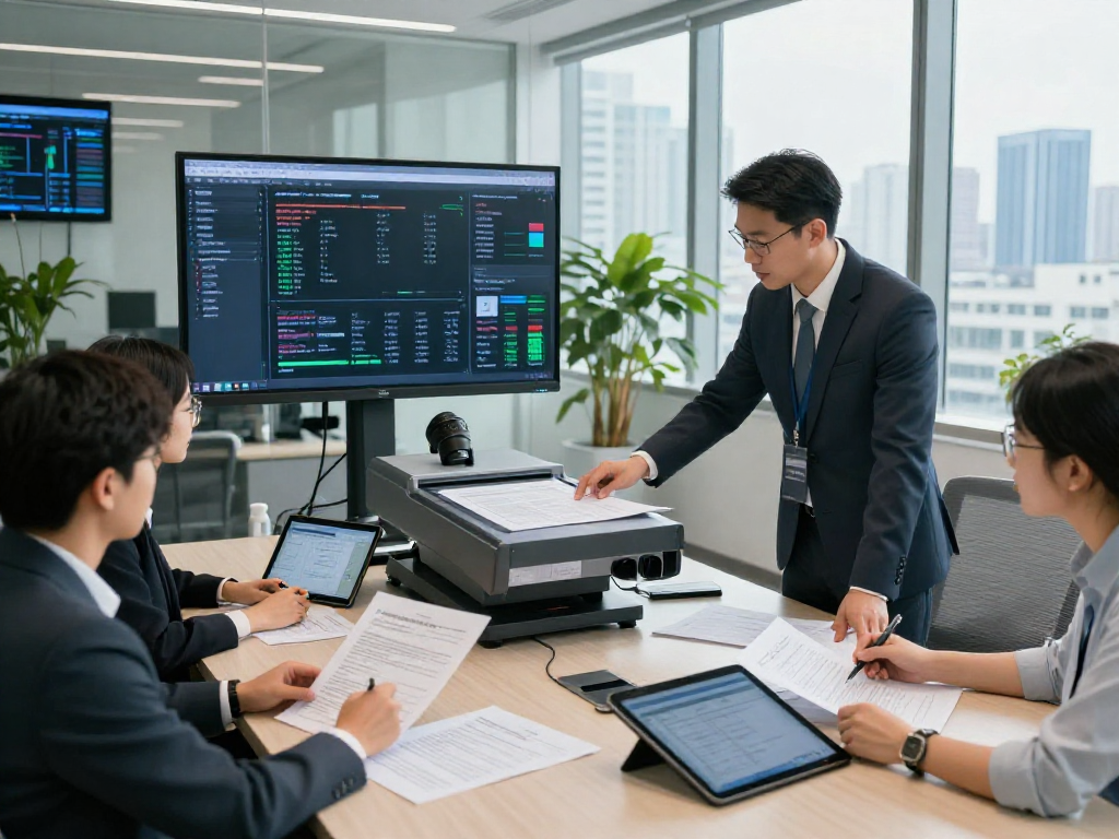 Team analyzing document fraud detection in a modern office setting with digital analytics displayed.