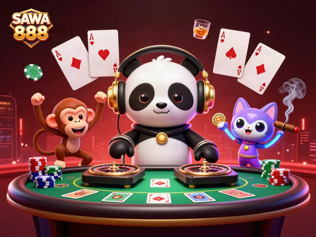 Engage with SAWA 888 as a lively DJ panda spins at a vibrant poker scene.
