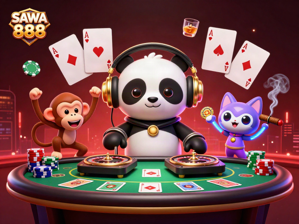 Engage with SAWA 888 as a lively DJ panda spins at a vibrant poker scene.