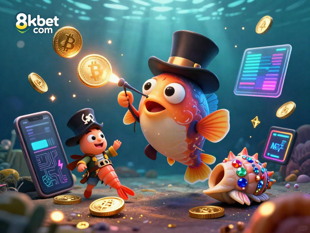 Engage with exciting rewards at 8xbet com through vibrant underwater casino illustration featuring dynamic characters and elements.