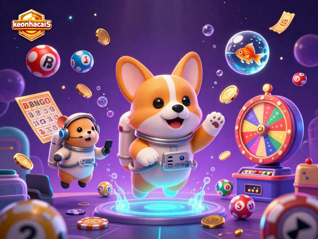 Experience the excitement of keonhacai5 in a vibrant space casino scene featuring an astronaut corgi.