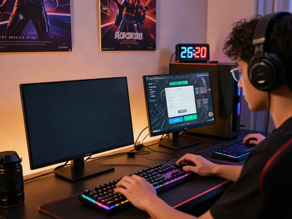 Gamer engaging in a ROKOK88 top-up on dual monitors in a vibrant gaming setup