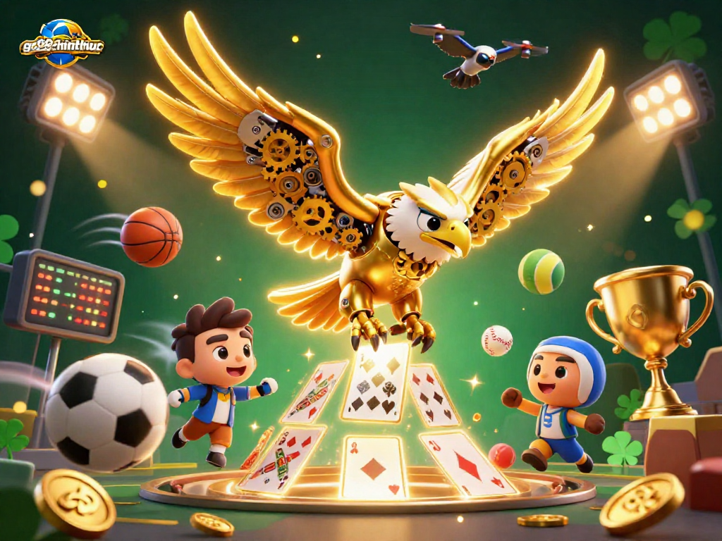 Engage with go88chinhthuc in a thrilling scene featuring a cybernetic eagle amidst vibrant sports action.