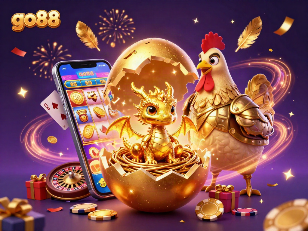 Spin vibrant slot games with go88's golden dragon and poker chips in a dazzling casino scene.