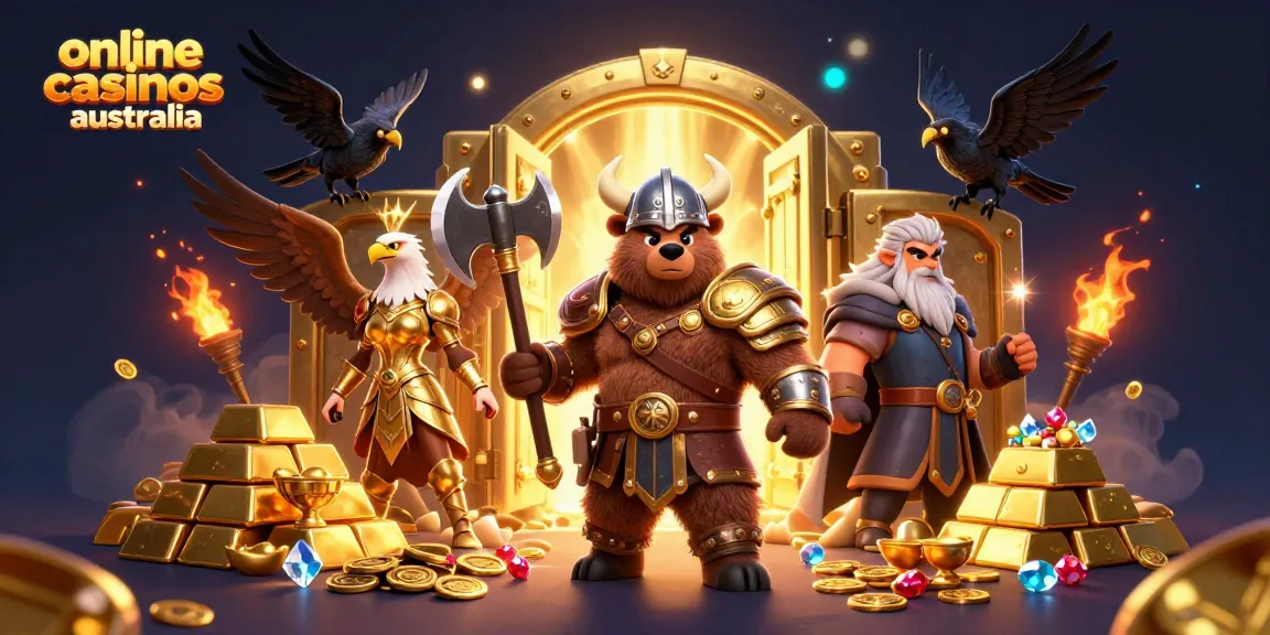 Engage with vibrant online casinos australia illustration showcasing 3D characters and gold treasures.