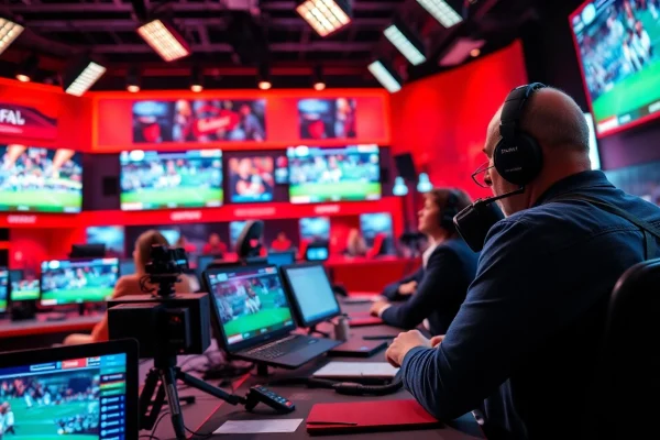 Illustrative scene of sports broadcasting with dynamic backdrop and energetic broadcasters.