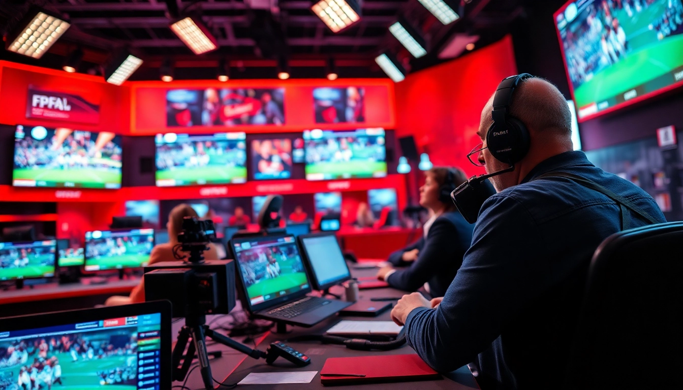 Illustrative scene of sports broadcasting with dynamic backdrop and energetic broadcasters.