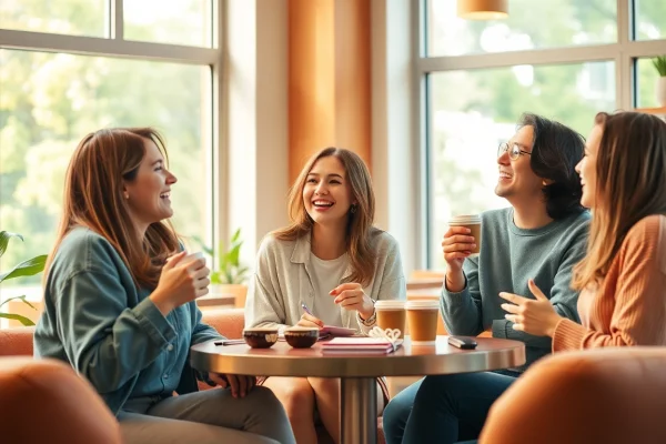 Young adults enjoying a lively coffee shop scene, reflecting the excitement of having a crush on someone.