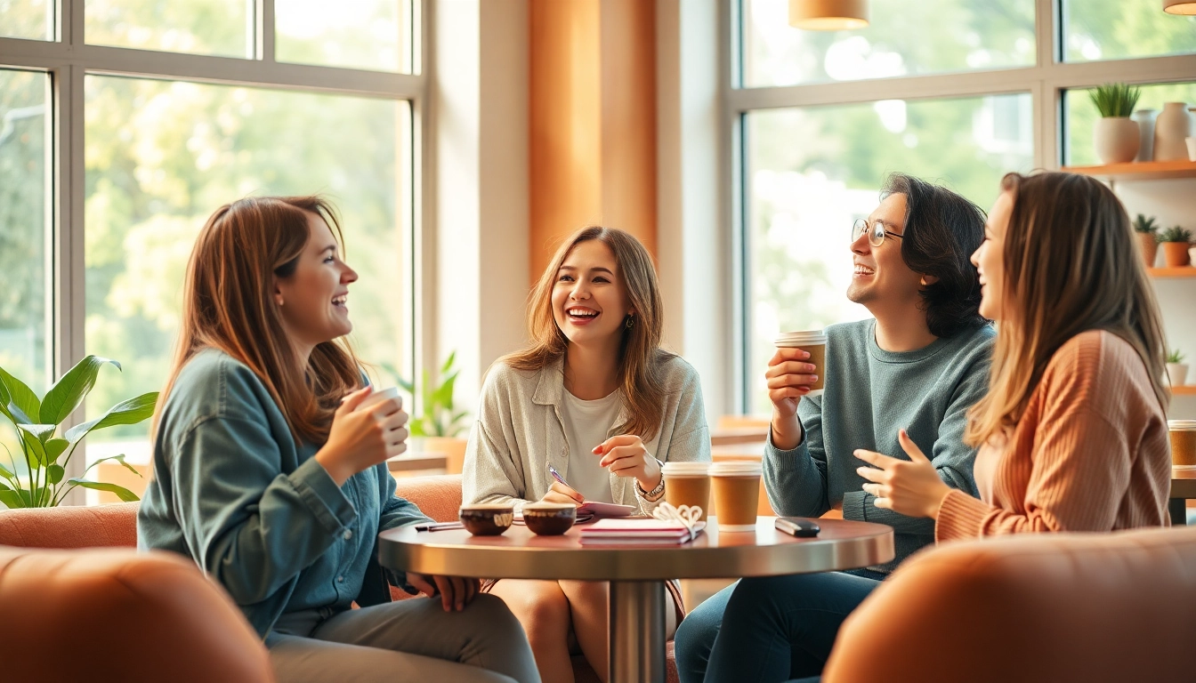 Young adults enjoying a lively coffee shop scene, reflecting the excitement of having a crush on someone.