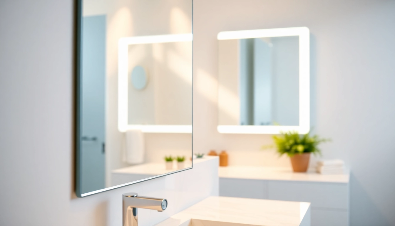 Discover the essence of elegance with mirrored surfaces and led lights illuminating a stylish bathroom.