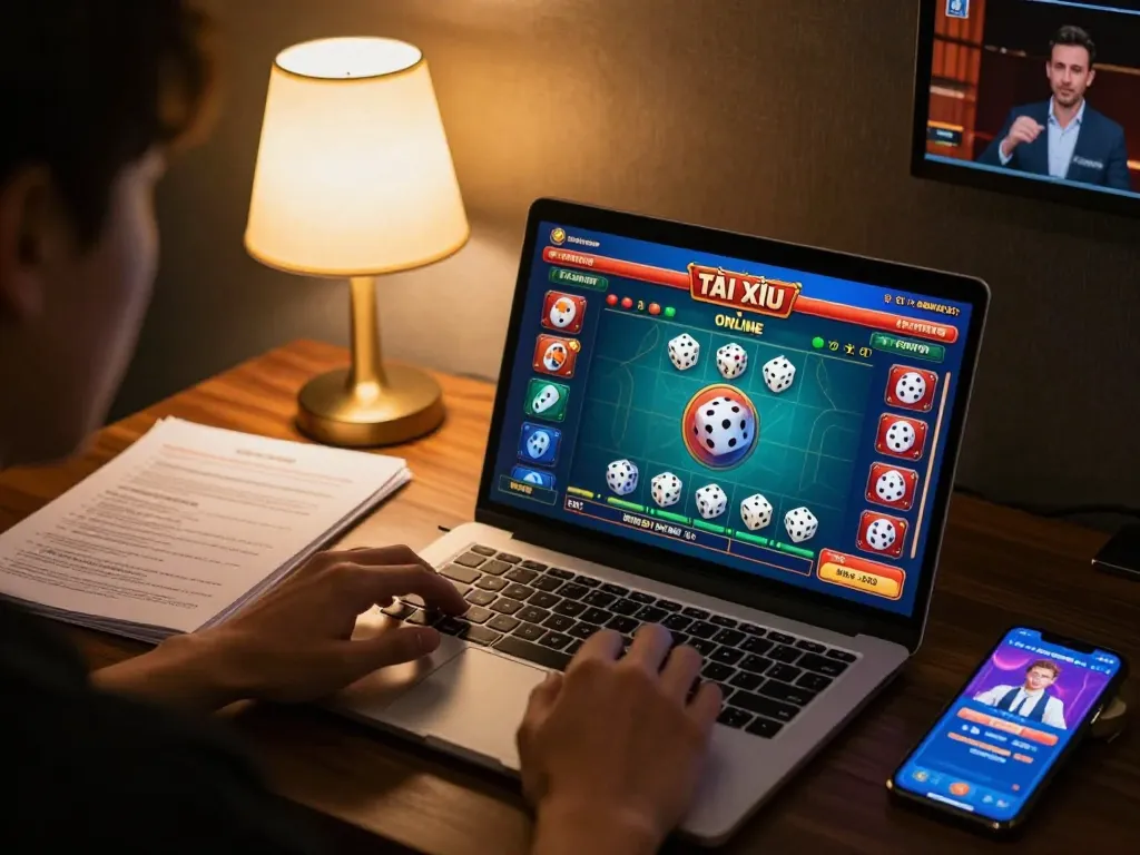 Engaging in TÀI XỈU ONLINE game on taixiuonline.za.com using laptop with strategy notes on the side