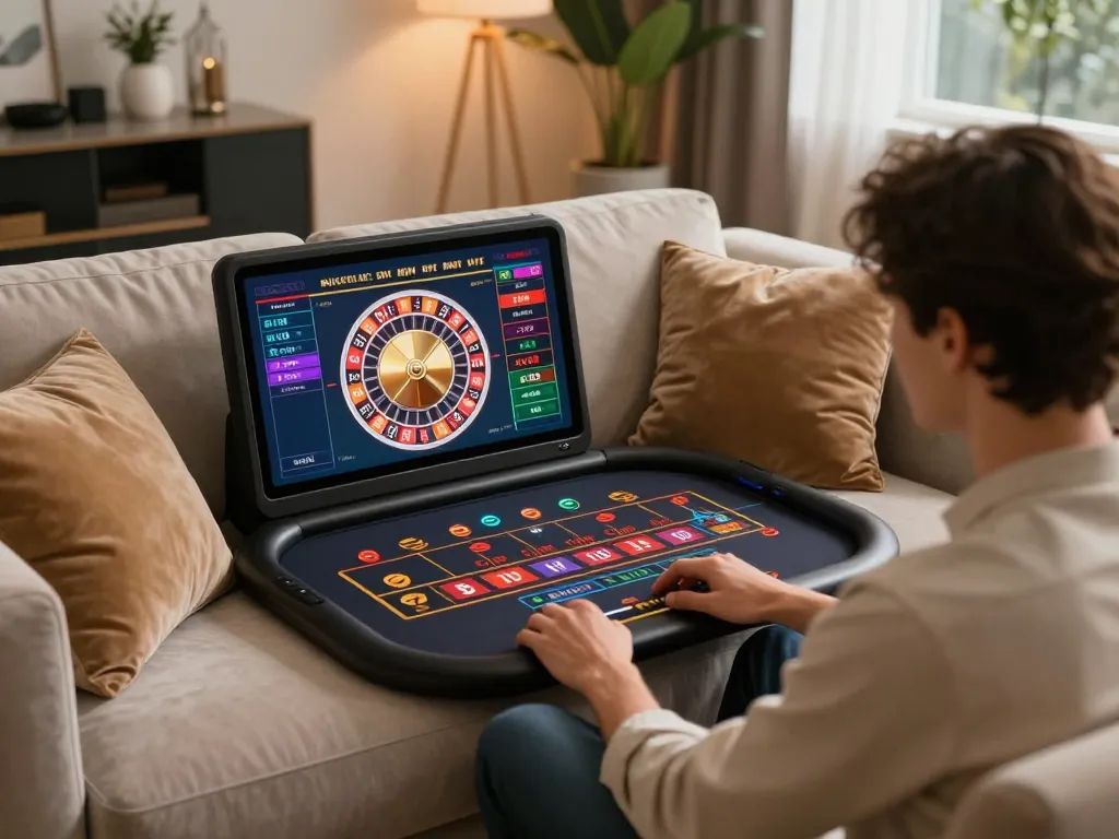 Engaging gameplay on Trang chủ NK88 with user interacting on tablet showcasing roulette actions in a cozy home setting