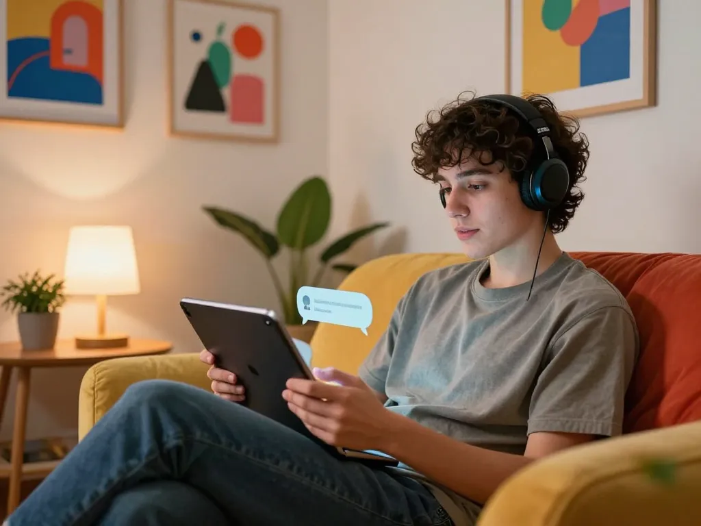 Engaging in a porn chat AI session in a cozy, inviting room with colorful decor.