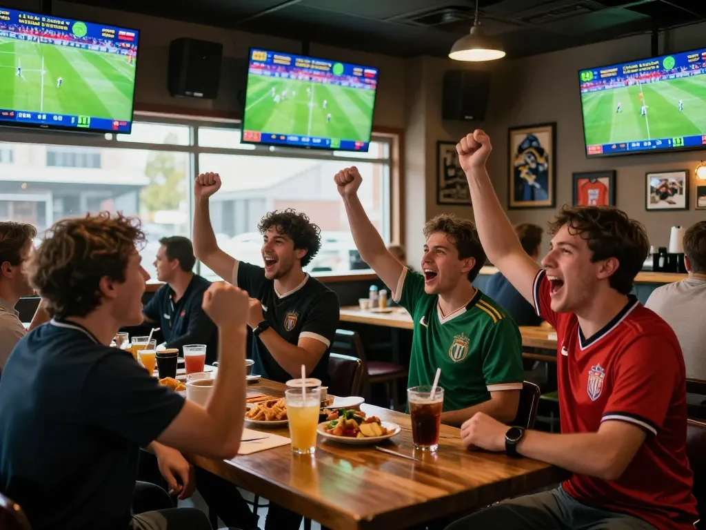 Tỷ lệ kèo trực tuyến displayed on screens in a vibrant sports bar environment with cheering fans.