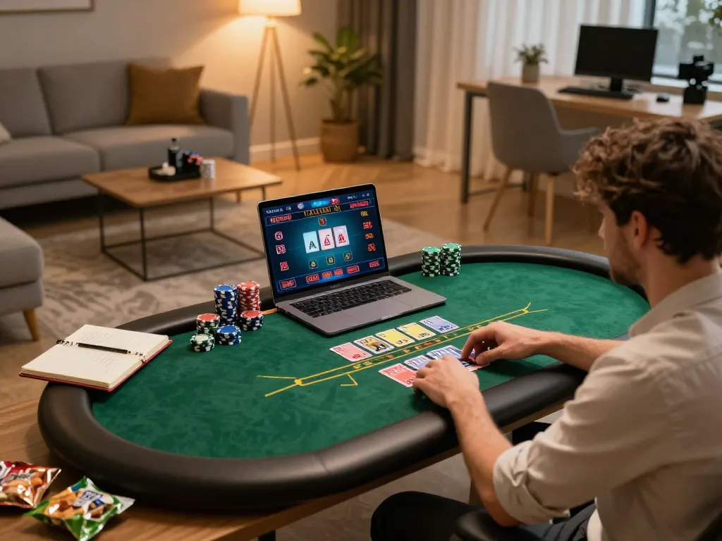 GG88 player engaging with a live dealer game on a laptop in a cozy home office.