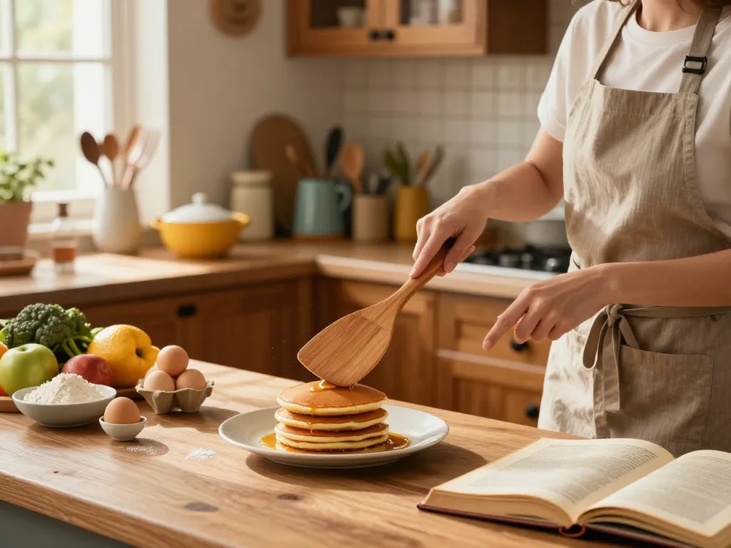 High-end ergonomic cherry wood spatula set for professional chefs in action as a chef flips pancakes in a warm kitchen.