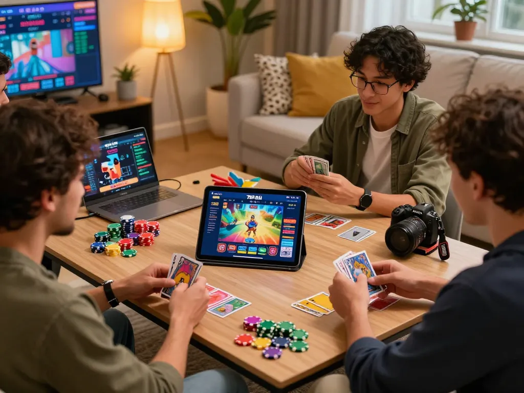 Engaged friends playing the 789 club gaming app in a cozy setting with vibrant game accessories.