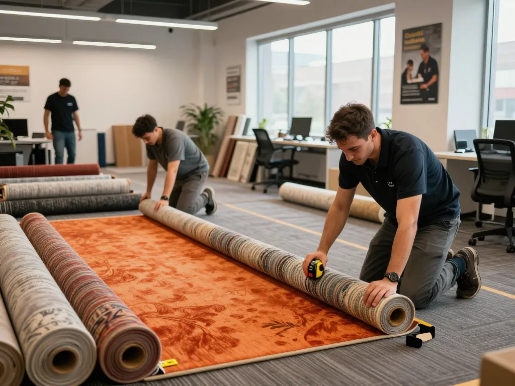 Commercial carpet installation team working on a project in a vibrant office space, showcasing professionalism.