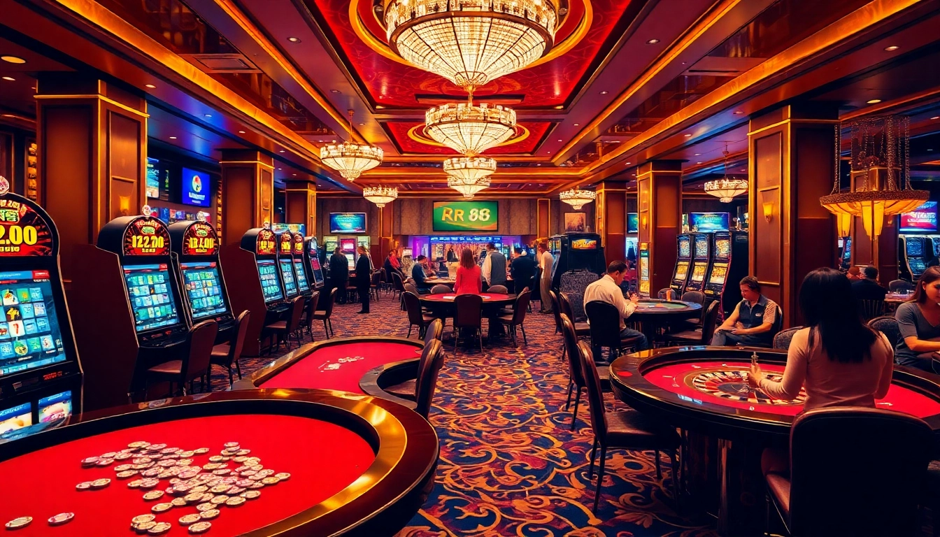 RR88 engaging players at a luxurious casino setting with vibrant slot machines and stylish gaming tables.