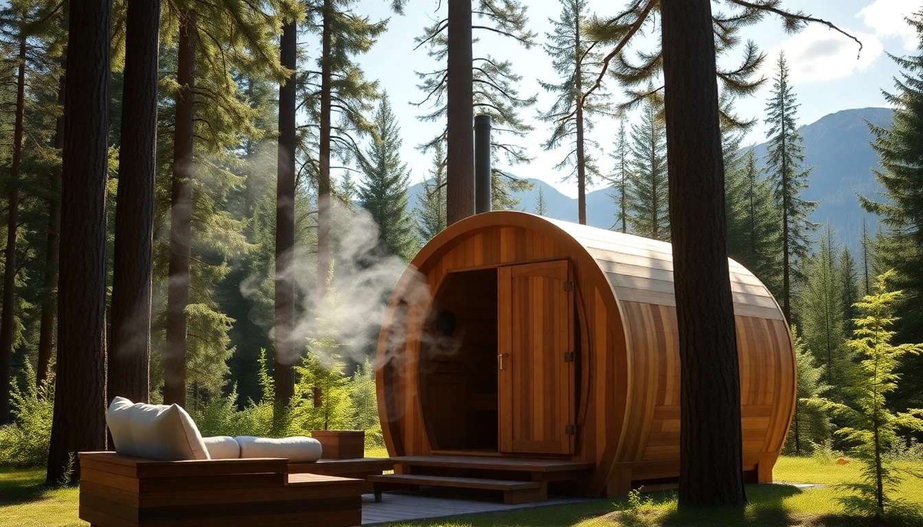 Relaxing outdoor barrel sauna Canada made from premium red cedar surrounded by lush greenery.
