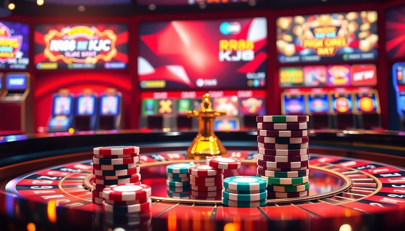 Experience the excitement of RR88 KJC with vibrant casino elements including roulette, poker chips, and online interfaces.