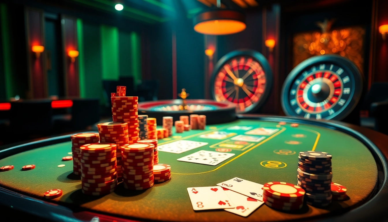 98win blackjack table with poker chips and cards in an elegant casino setting, highlighting high-stakes gaming.