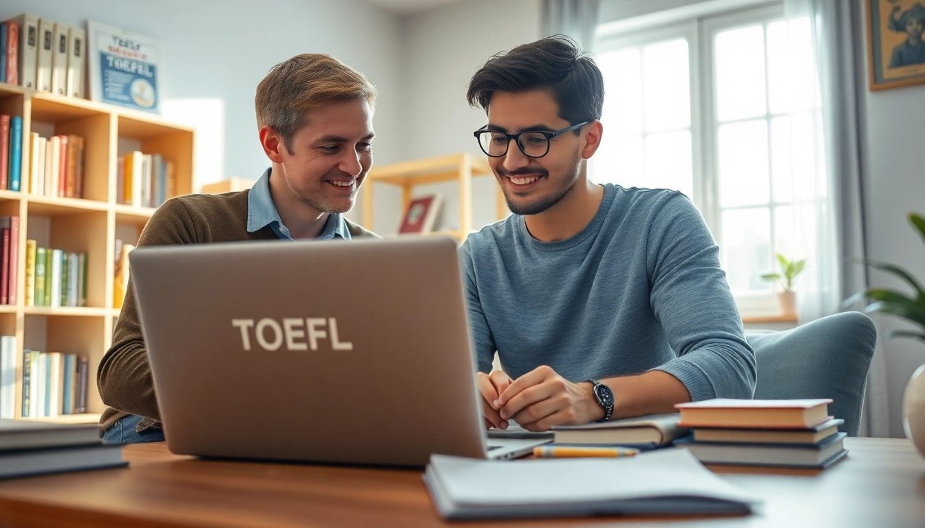 Engaging scene of TOEFL expert help with tutor guiding student in a cozy study