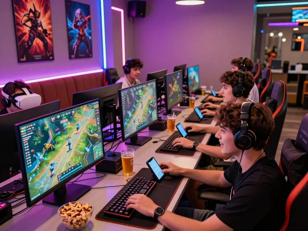 Exciting online gaming group enjoying the sun win platform with vibrant visuals and snacks in a modern lounge.
